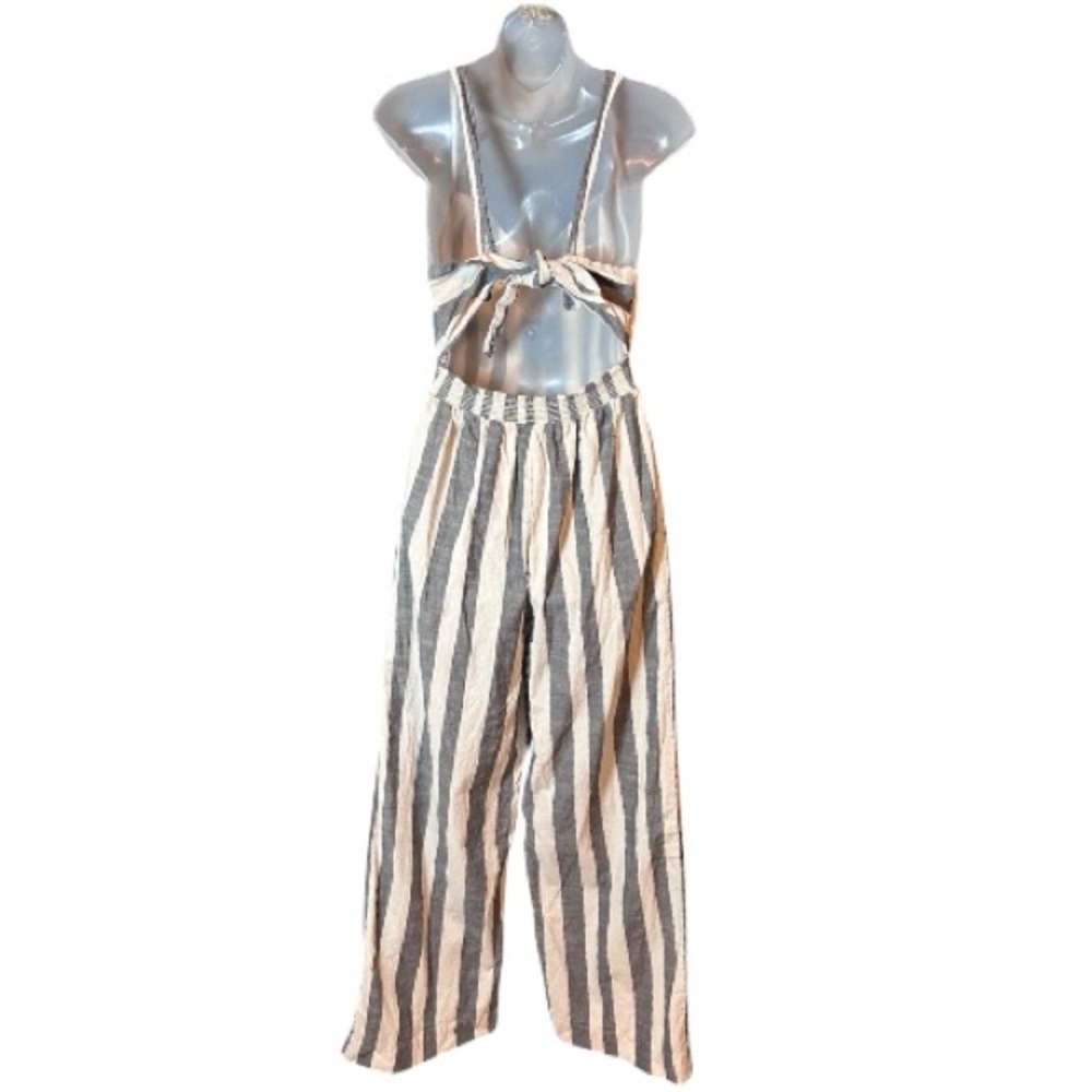 Japna Black Grey/Cream Striped 100% Cotton Jumpsuit, Size M Open Back Tie - Picture 7 of 11